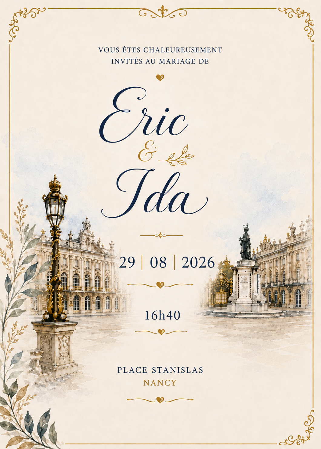 Vous êtes chaleureusement invités au mariage de Éric et Ida, 29 août 2026 à 16h40, Place Stanislas Nancy
